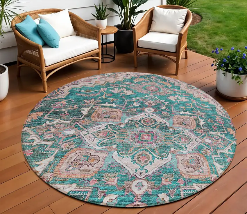 8' Emerald Teal Blue And Beige Round Oriental Washable Indoor Outdoor Area Rug Photo 1