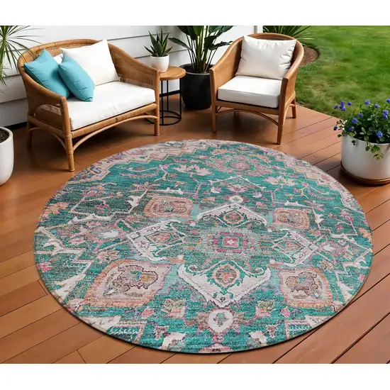 8' Emerald Teal Blue And Beige Round Oriental Washable Indoor Outdoor Area Rug Photo 1
