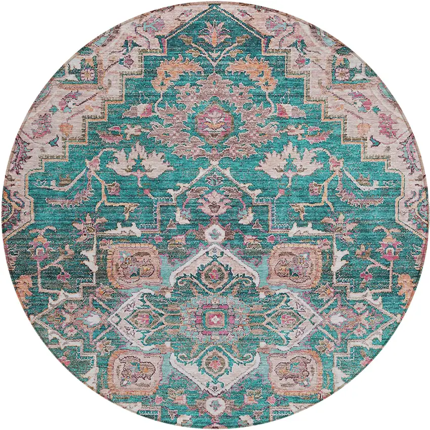 8' Emerald Teal Blue And Beige Round Oriental Washable Indoor Outdoor Area Rug Photo 2