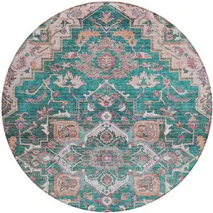 Photo of 8' Emerald Teal Blue And Beige Round Oriental Washable Indoor Outdoor Area Rug