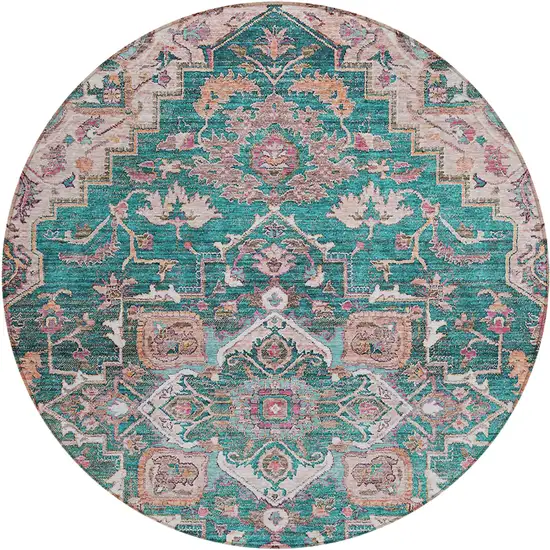 8' Emerald Teal Blue And Beige Round Oriental Washable Indoor Outdoor Area Rug Photo 2