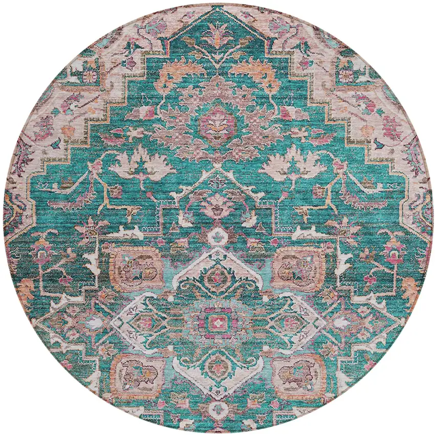8' Emerald Teal Blue And Beige Round Oriental Washable Indoor Outdoor Area Rug Photo 2