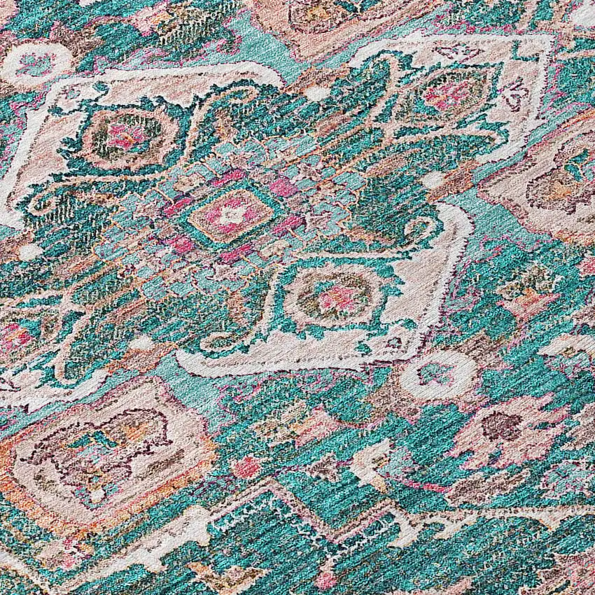 8' Emerald Teal Blue And Beige Round Oriental Washable Indoor Outdoor Area Rug Photo 4