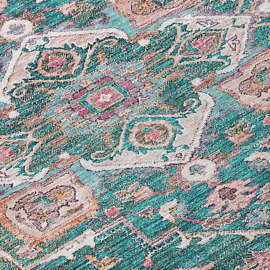 8' Emerald Teal Blue And Beige Round Oriental Washable Indoor Outdoor Area Rug Photo 4