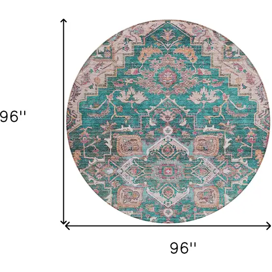8' Emerald Teal Blue And Beige Round Oriental Washable Indoor Outdoor Area Rug Photo 3