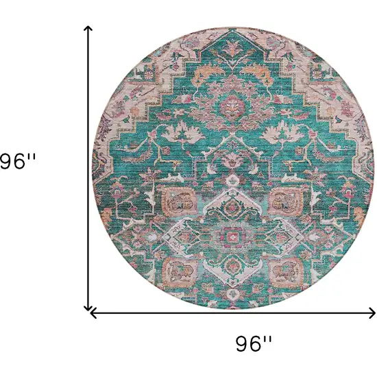 8' Emerald Teal Blue And Beige Round Oriental Washable Indoor Outdoor Area Rug Photo 3