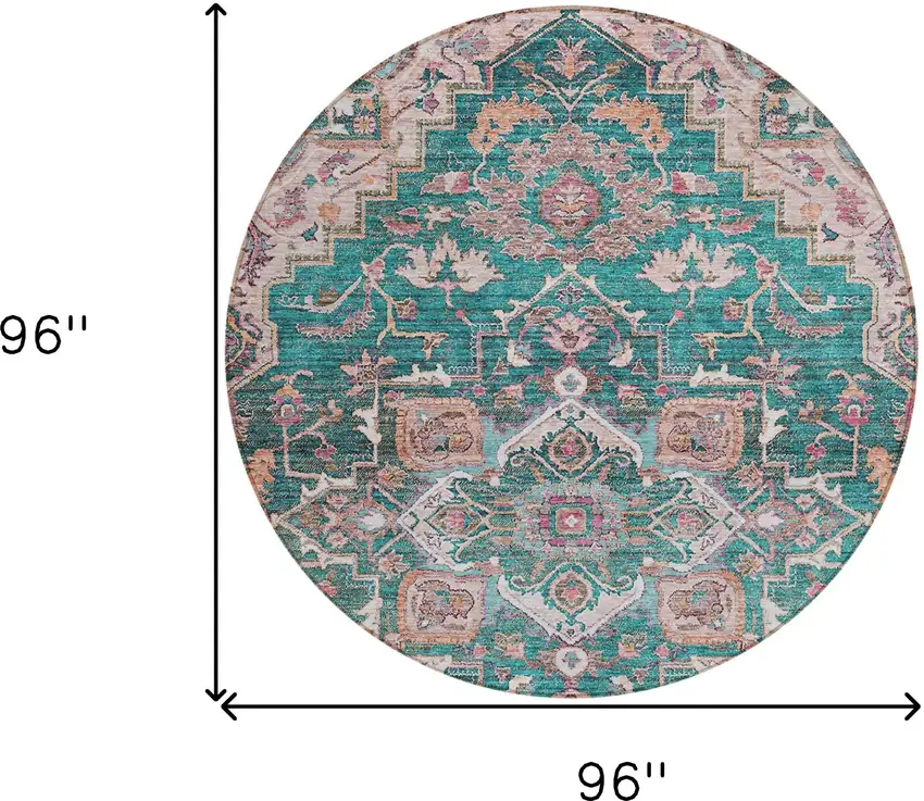 8' Emerald Teal Blue And Beige Round Oriental Washable Indoor Outdoor Area Rug Photo 3