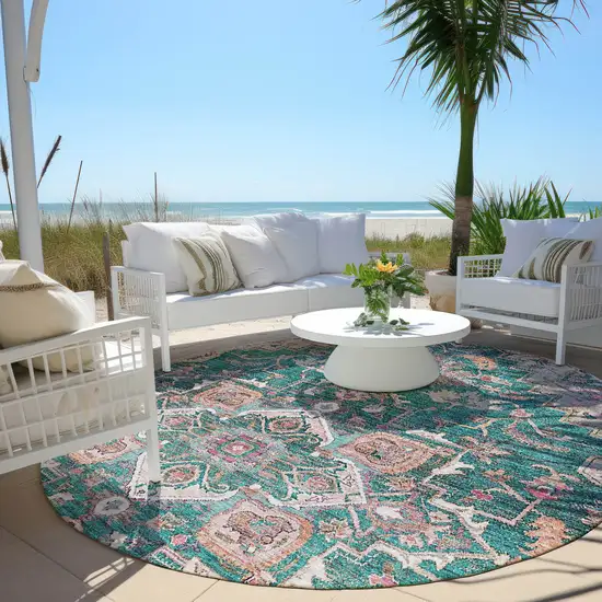 8' Emerald Teal Blue And Beige Round Oriental Washable Indoor Outdoor Area Rug Photo 7