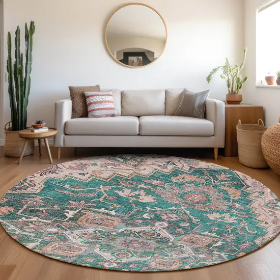 8' Emerald Teal Blue And Beige Round Oriental Washable Indoor Outdoor Area Rug Photo 8