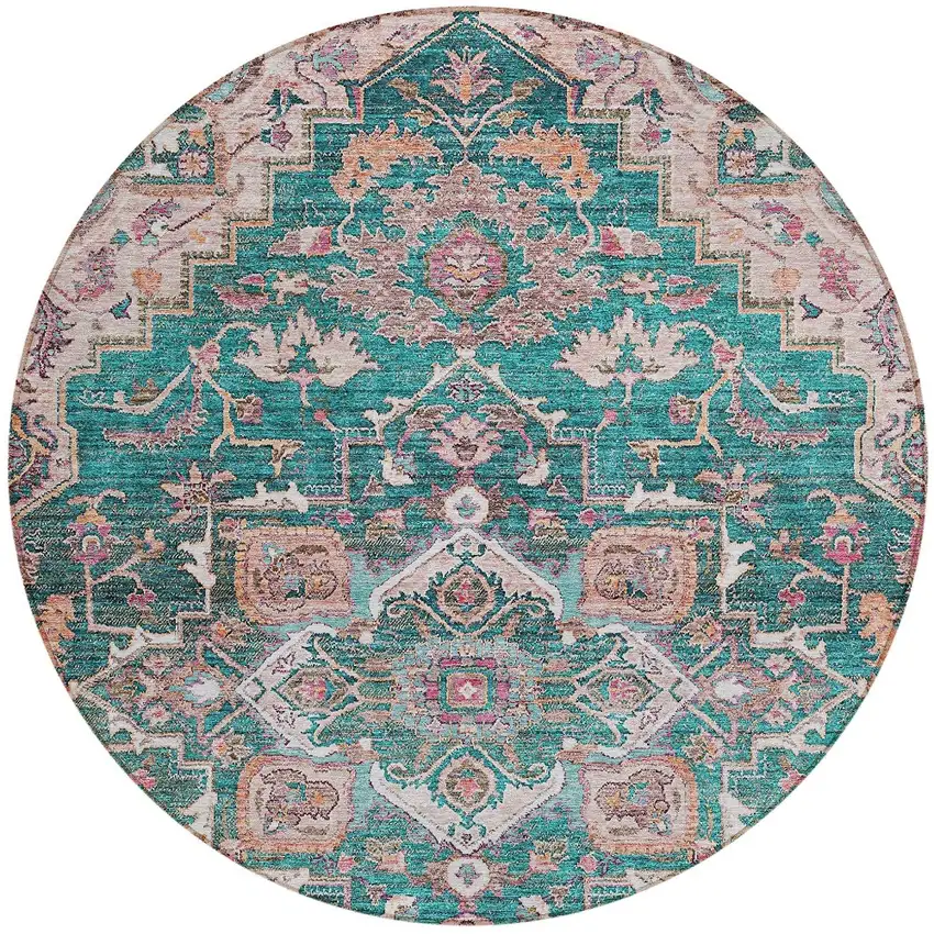 8' Emerald Teal Blue And Beige Round Oriental Washable Indoor Outdoor Area Rug Photo 6