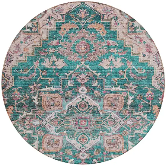 8' Emerald Teal Blue And Beige Round Oriental Washable Indoor Outdoor Area Rug Photo 6