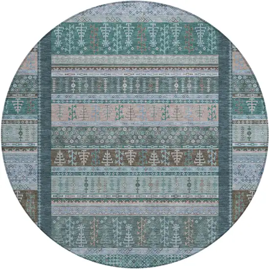 8' Emerald Teal Blue And Beige Round Striped Washable Indoor Outdoor Area Rug Photo 1