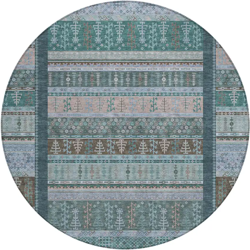 8' Emerald Teal Blue And Beige Round Striped Washable Indoor Outdoor Area Rug Photo 1