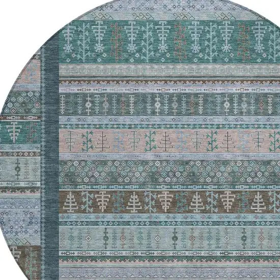 8' Emerald Teal Blue And Beige Round Striped Washable Indoor Outdoor Area Rug Photo 5
