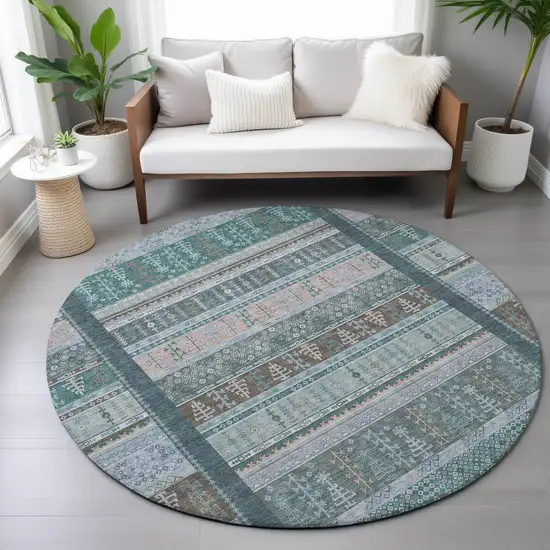 8' Emerald Teal Blue And Beige Round Striped Washable Indoor Outdoor Area Rug Photo 7