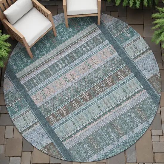 8' Emerald Teal Blue And Beige Round Striped Washable Indoor Outdoor Area Rug Photo 6