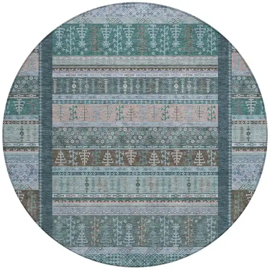 8' Emerald Teal Blue And Beige Round Striped Washable Indoor Outdoor Area Rug Photo 3