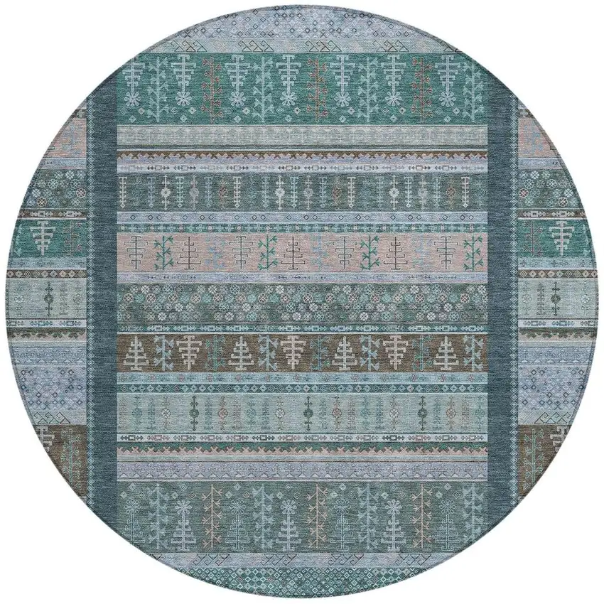 8' Emerald Teal Blue And Beige Round Striped Washable Indoor Outdoor Area Rug Photo 3