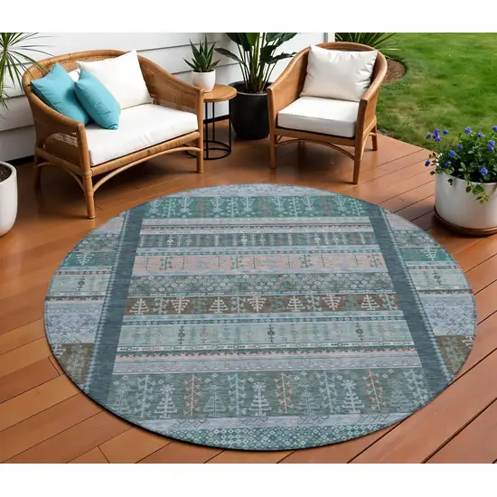 8' Emerald Teal Blue And Beige Round Striped Washable Indoor Outdoor Area Rug Photo 2