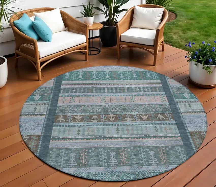 8' Emerald Teal Blue And Beige Round Striped Washable Indoor Outdoor Area Rug Photo 2