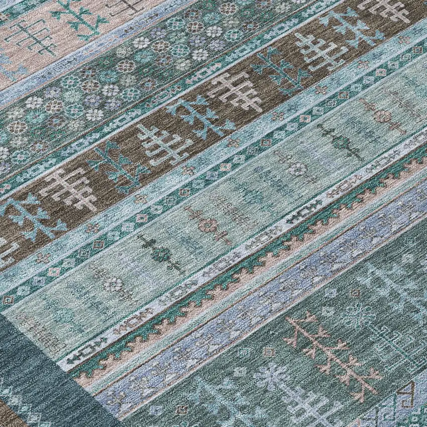 8' Emerald Teal Blue And Beige Round Striped Washable Indoor Outdoor Area Rug Photo 9