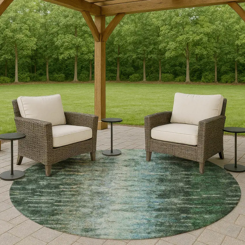 8' Emerald Teal Blue And Ivory Round Abstract Washable Indoor Outdoor Area Rug Photo 7