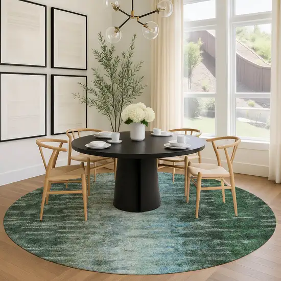 8' Emerald Teal Blue And Ivory Round Abstract Washable Indoor Outdoor Area Rug Photo 8