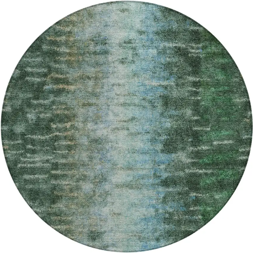 8' Emerald Teal Blue And Ivory Round Abstract Washable Indoor Outdoor Area Rug Photo 2
