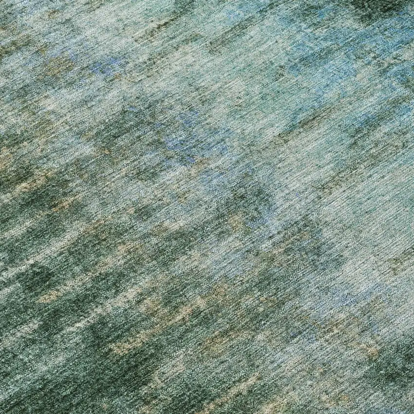 8' Emerald Teal Blue And Ivory Round Abstract Washable Indoor Outdoor Area Rug Photo 9