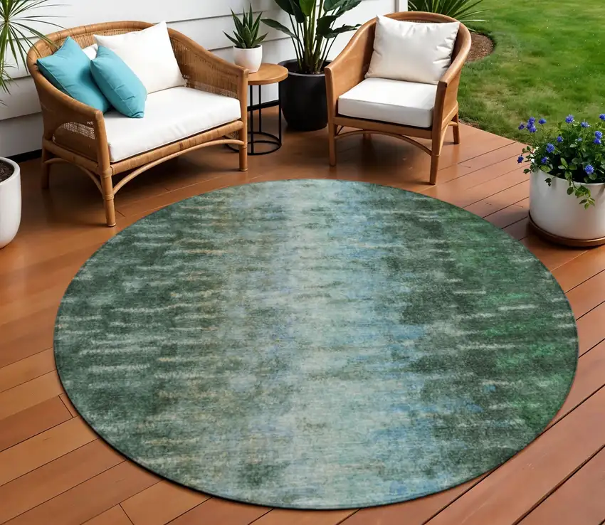 8' Emerald Teal Blue And Ivory Round Abstract Washable Indoor Outdoor Area Rug Photo 1