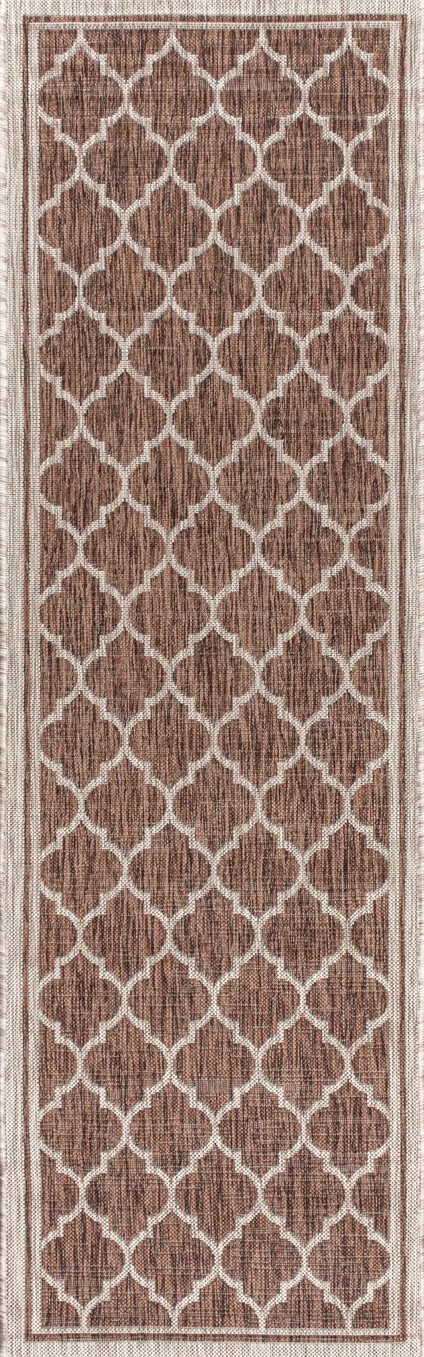20' Espresso And Taupe Geometric Indoor Outdoor Runner Rug Photo 3