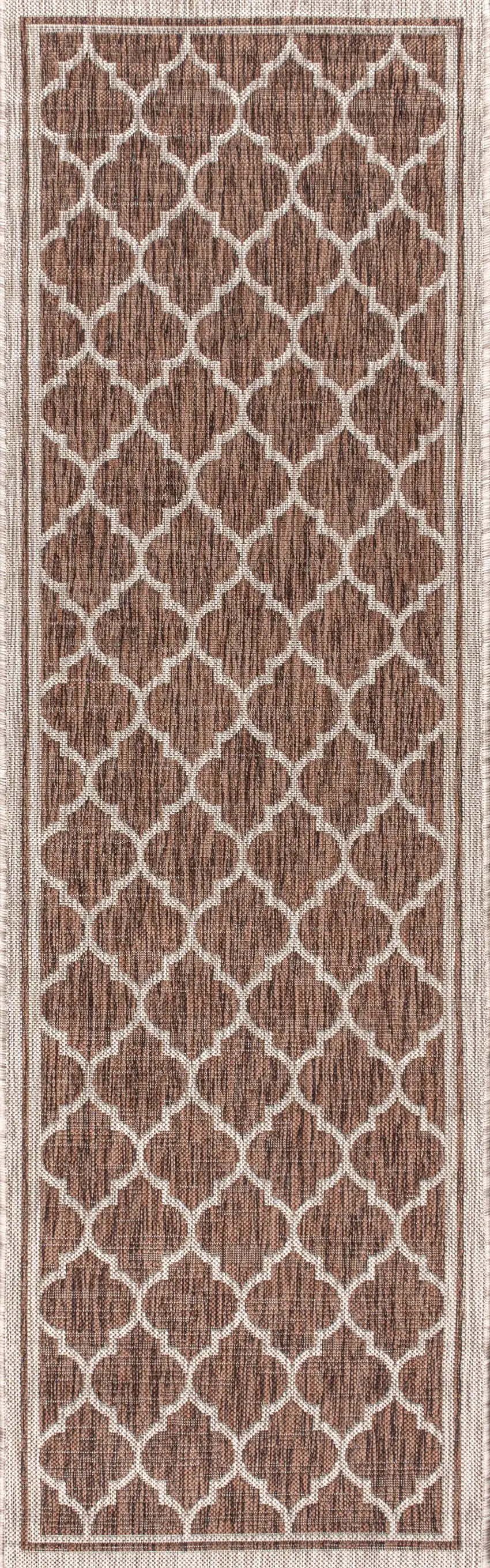 20' Espresso And Taupe Geometric Indoor Outdoor Runner Rug Photo 1