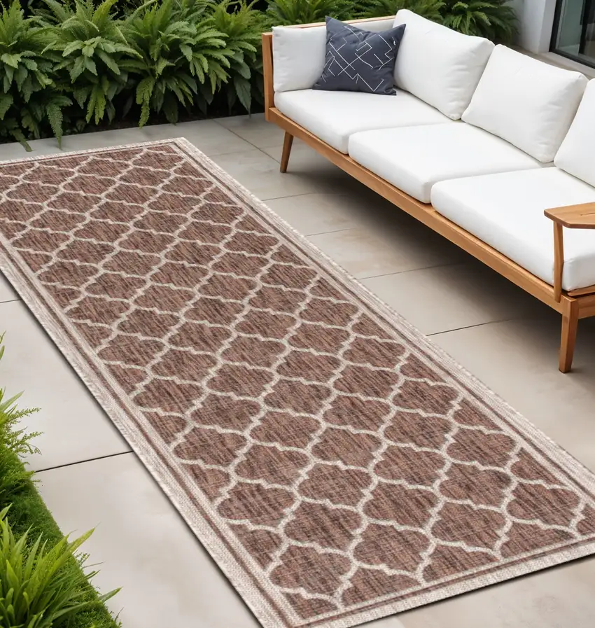 20' Espresso And Taupe Geometric Indoor Outdoor Runner Rug Photo 1