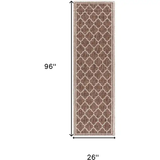 8' Espresso And Taupe Geometric Indoor Outdoor Runner Rug Photo 5