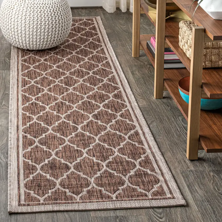 8' Espresso And Taupe Geometric Indoor Outdoor Runner Rug Photo 4