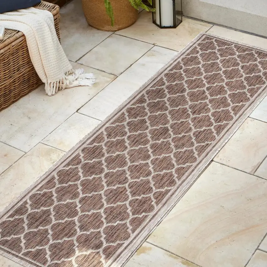 8' Espresso And Taupe Geometric Indoor Outdoor Runner Rug Photo 5