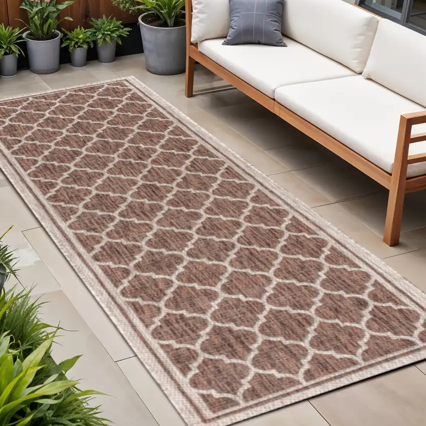 8' Espresso And Taupe Geometric Indoor Outdoor Runner Rug Photo 1