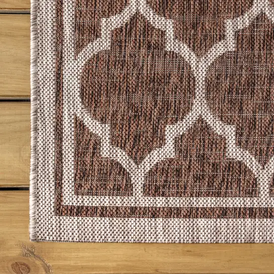 8' Espresso And Taupe Geometric Indoor Outdoor Runner Rug Photo 4