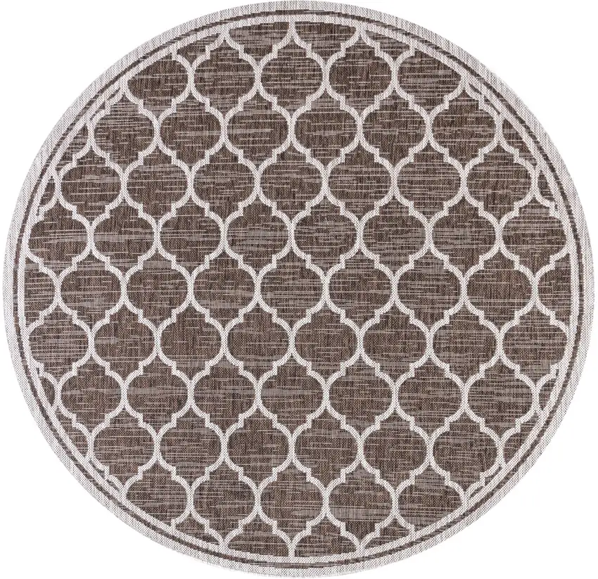 6' Espresso And Taupe Round Geometric Indoor Outdoor Area Rug Photo 1