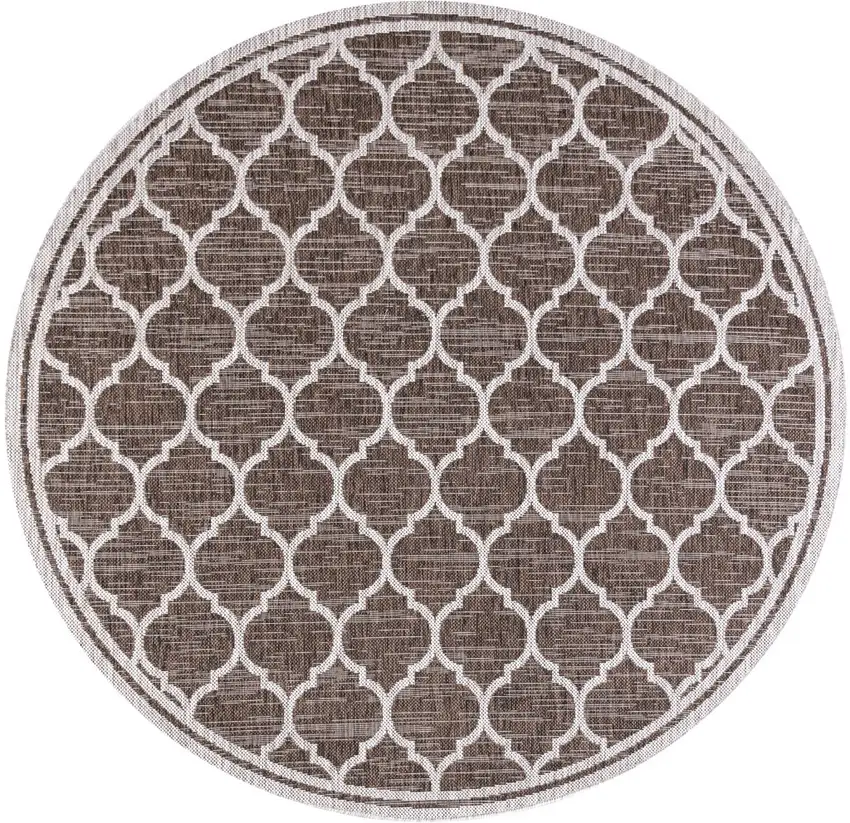 8' Espresso And Taupe Round Geometric Indoor Outdoor Area Rug Photo 3