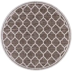 Photo of 8' Espresso And Taupe Round Geometric Indoor Outdoor Area Rug