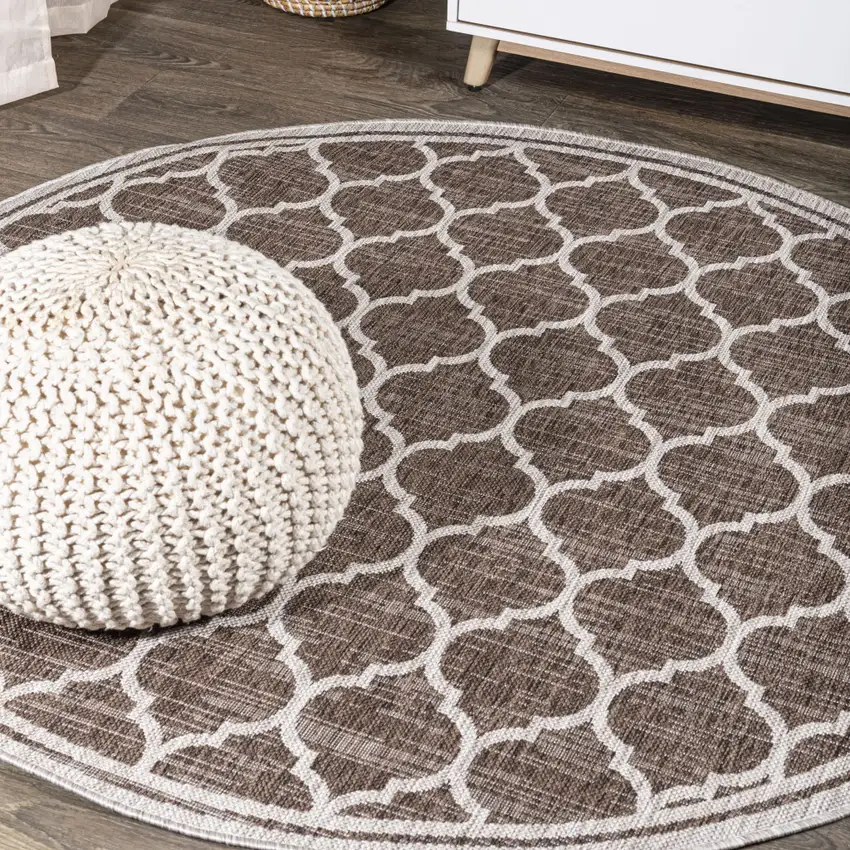 9' Espresso And Taupe Round Geometric Indoor Outdoor Area Rug Photo 4