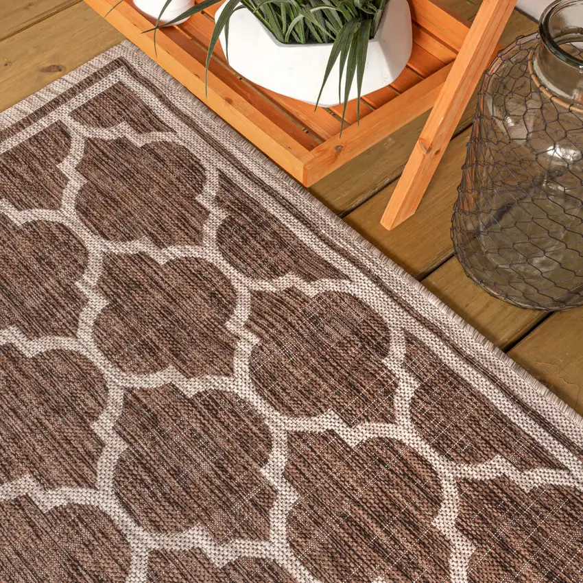 4' Espresso And Taupe Square Geometric Indoor Outdoor Area Rug Photo 7