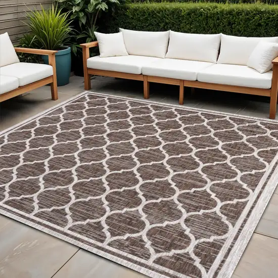 4' Espresso And Taupe Square Geometric Indoor Outdoor Area Rug Photo 1