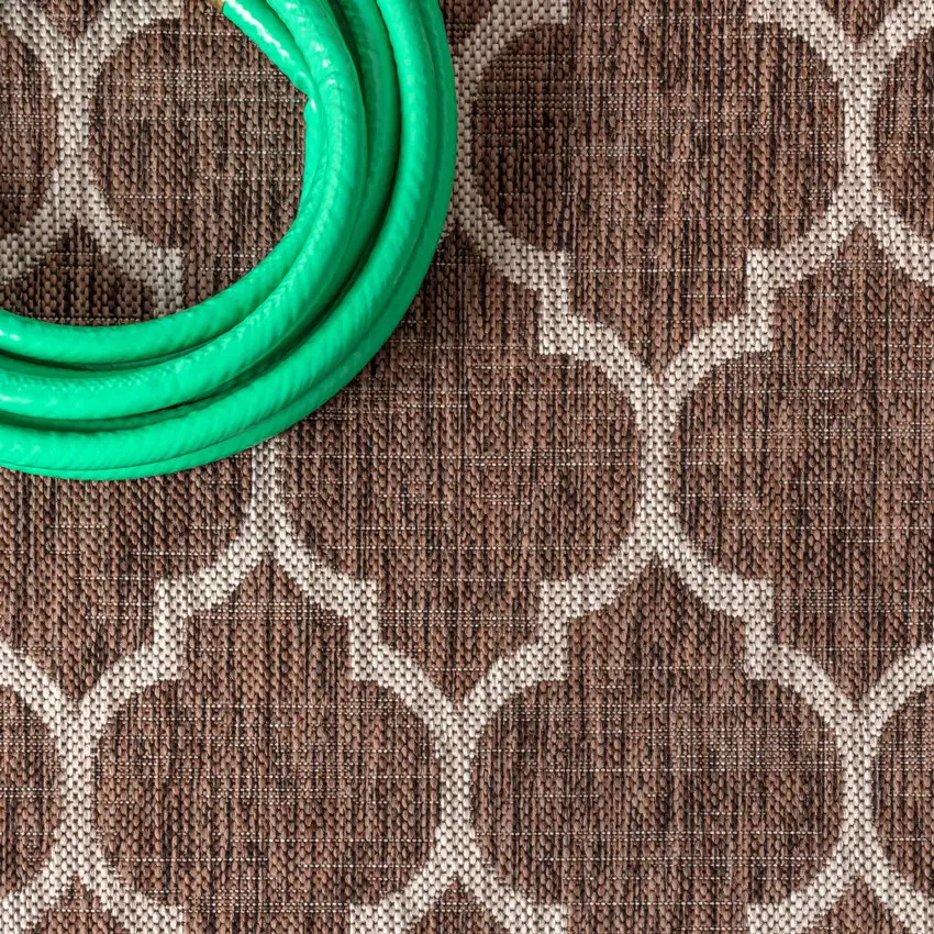 6' Espresso And Taupe Square Geometric Indoor Outdoor Area Rug Photo 9