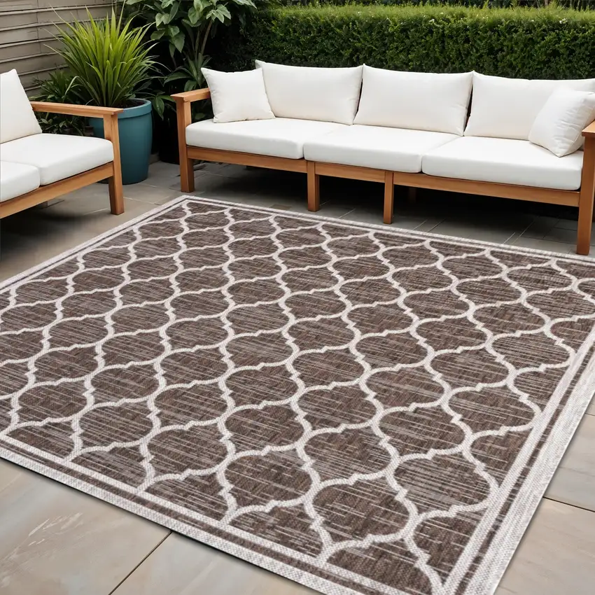 9' Espresso And Taupe Square Geometric Indoor Outdoor Area Rug Photo 1