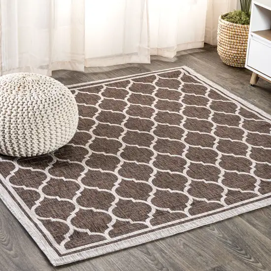 9' Espresso And Taupe Square Geometric Indoor Outdoor Area Rug Photo 4