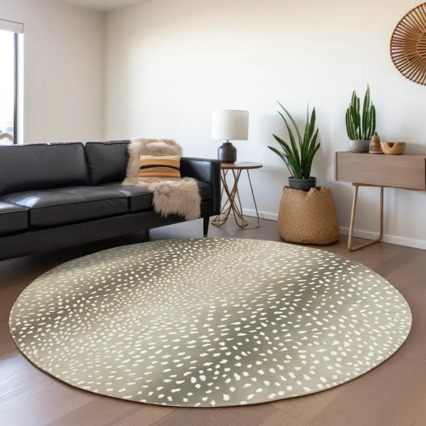 8' Fawn And White Round Animal Print Washable Indoor Outdoor Area Rug Photo 7