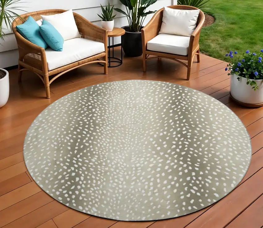 8' Fawn And White Round Animal Print Washable Indoor Outdoor Area Rug Photo 1