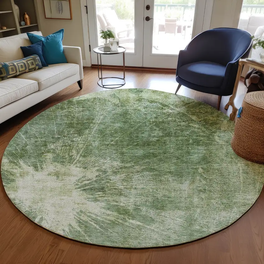 8' Fern Green And Artichoke Green Round Abstract Washable Indoor Outdoor Area Rug Photo 7